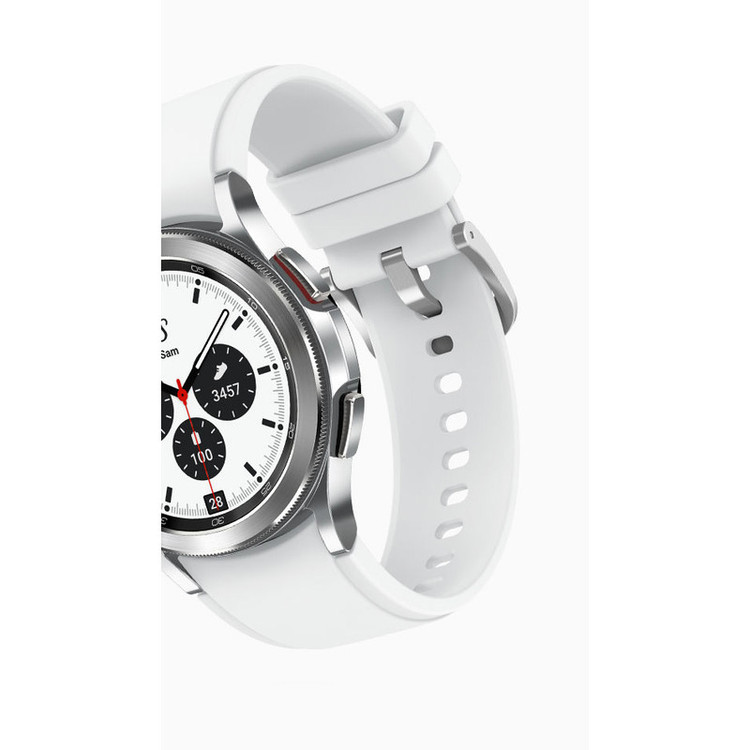 نمای نزدیک از بند ساعت Galaxy Watch4 Classicنمایی از صفحه نمایش روشن ساعت Galaxy Watch4 Classic